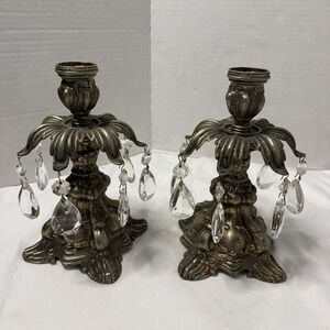 VTG Hollywood Regency Crystal Glass Gold Cast Metal Candlesticks Holders MCM Set